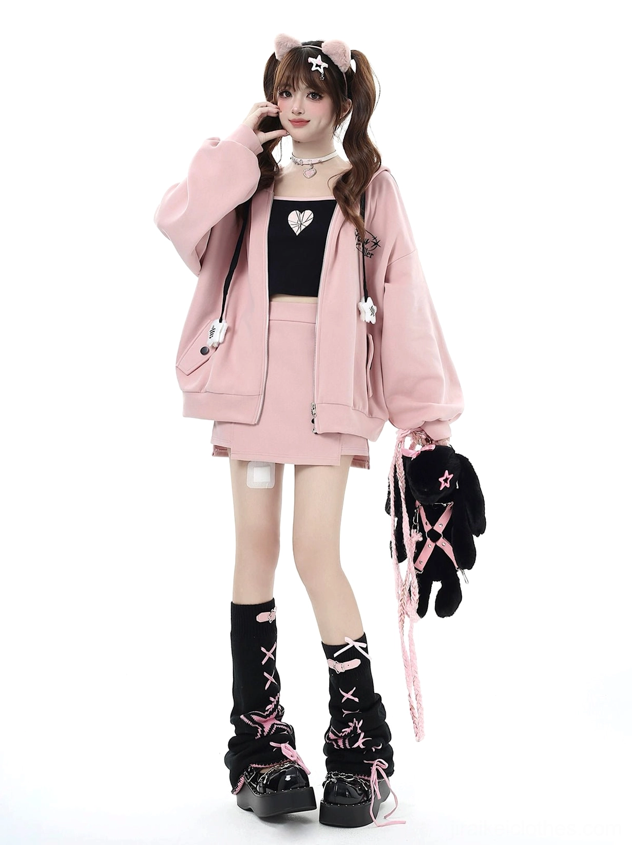 Jirai Kei hoodie and skirt ensemble styling guide with leg band-aids, butterfly accessories, and complete outfit coordination