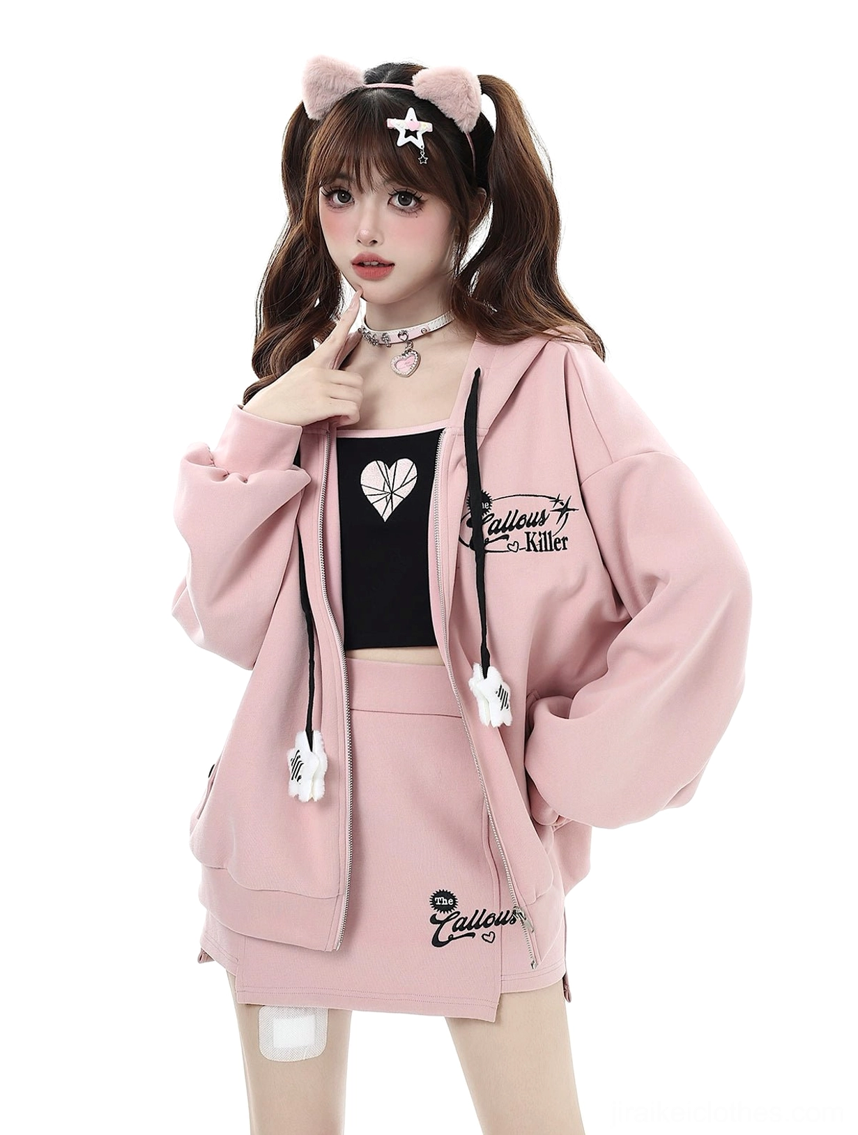 Jirai Kei outfit back view showing hoodie fit and skirt silhouette, demonstrating garment shape and construction