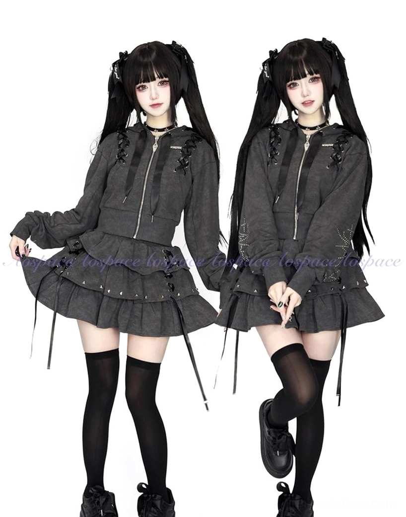 Jirai Kei subculture style hoodie and skirt set color variant comparison showing design versatility and customization options