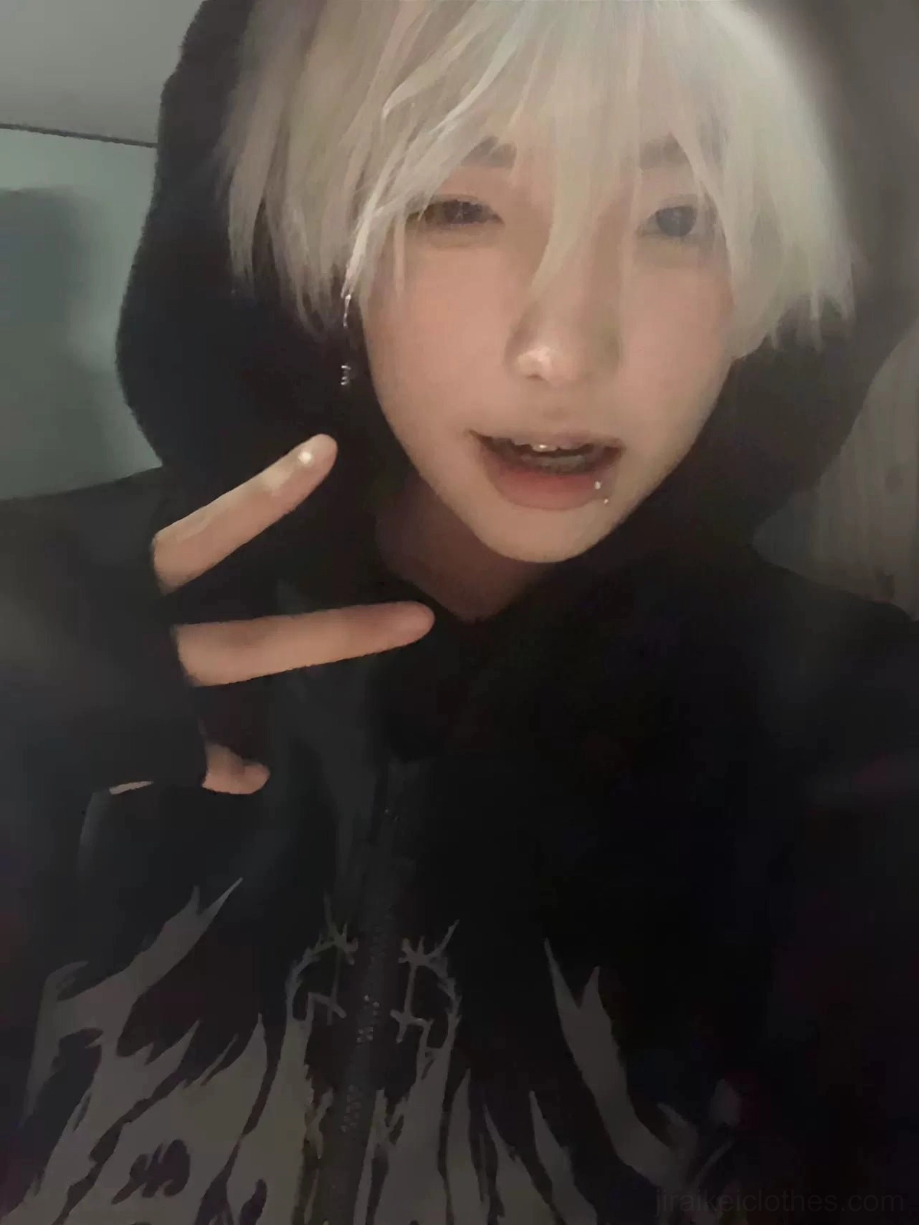 Jirai Kei zip hoodie unisex fit demonstration, showing accommodating design for diverse body types in loose oversized silhouette goth punk aesthetic