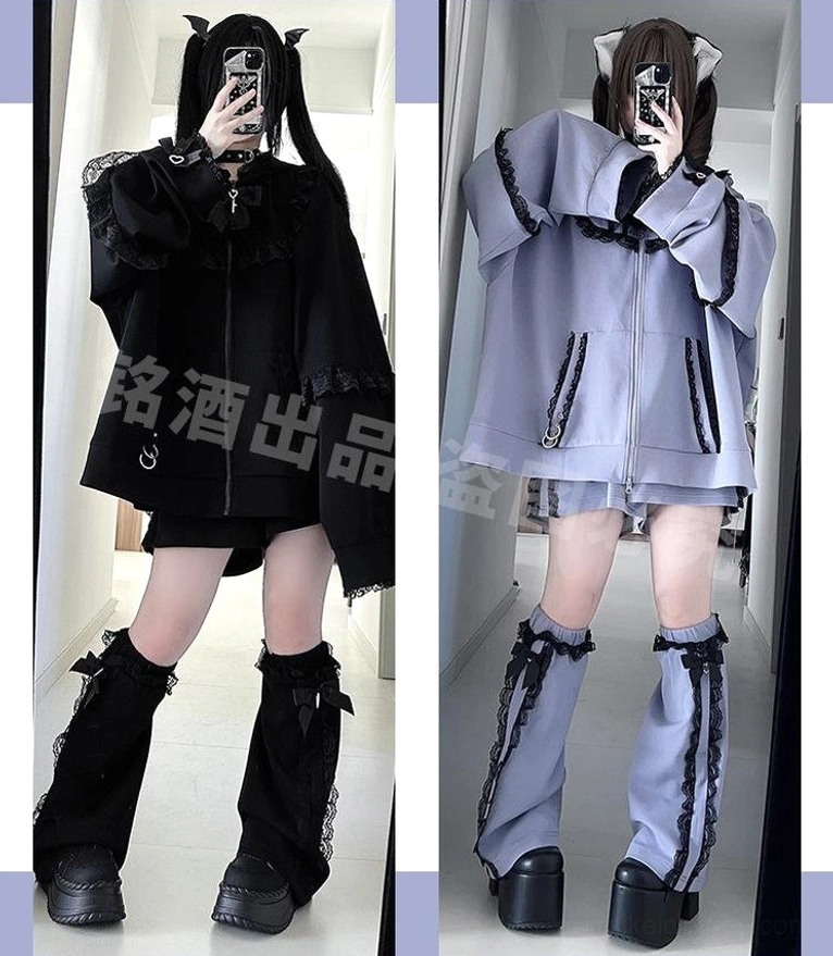 Two-tone Jirai Kei hoodie sets in black and light purple with matching ruffled leg warmers, split full-body mirror selfie featuring both color options and oversized silhouettes