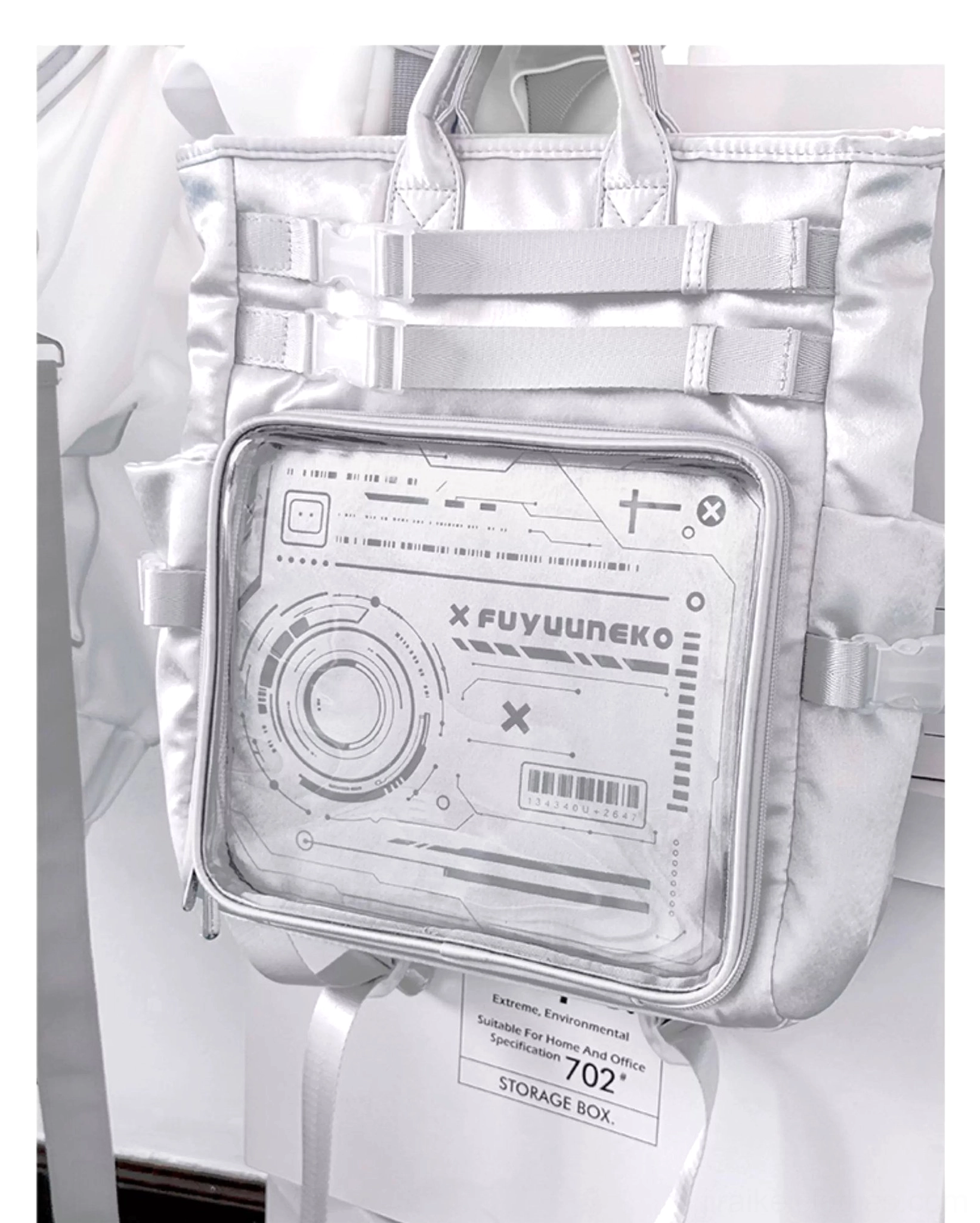 Jirai Kei cyberpunk ita backpack detail shot showing satin waterproof fabric texture and cyber-style graphic window design elements