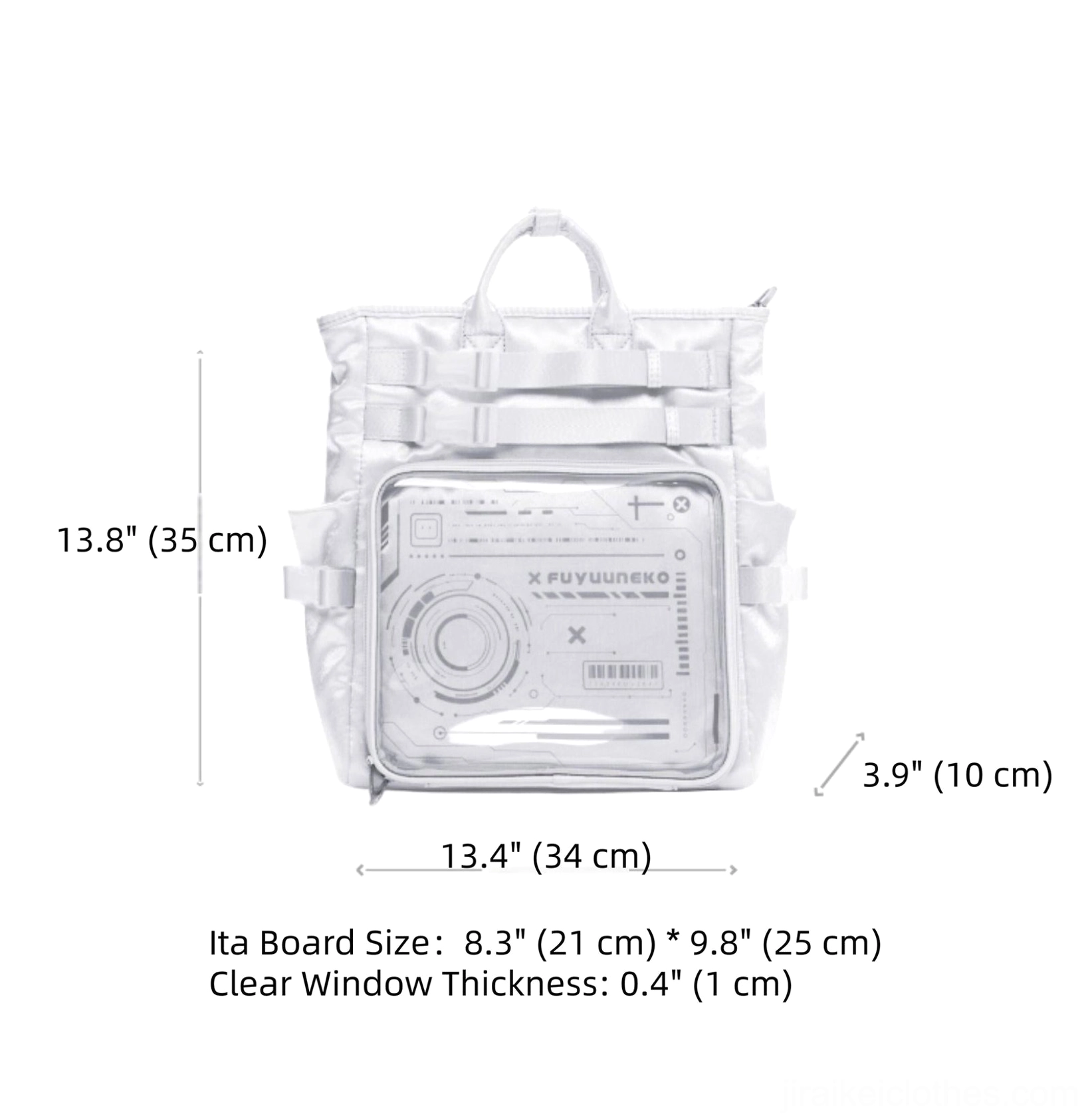 Jirai Kei ita backpack size reference chart and dimensions orthographic view showing overall measurements and ita board specifications on white background