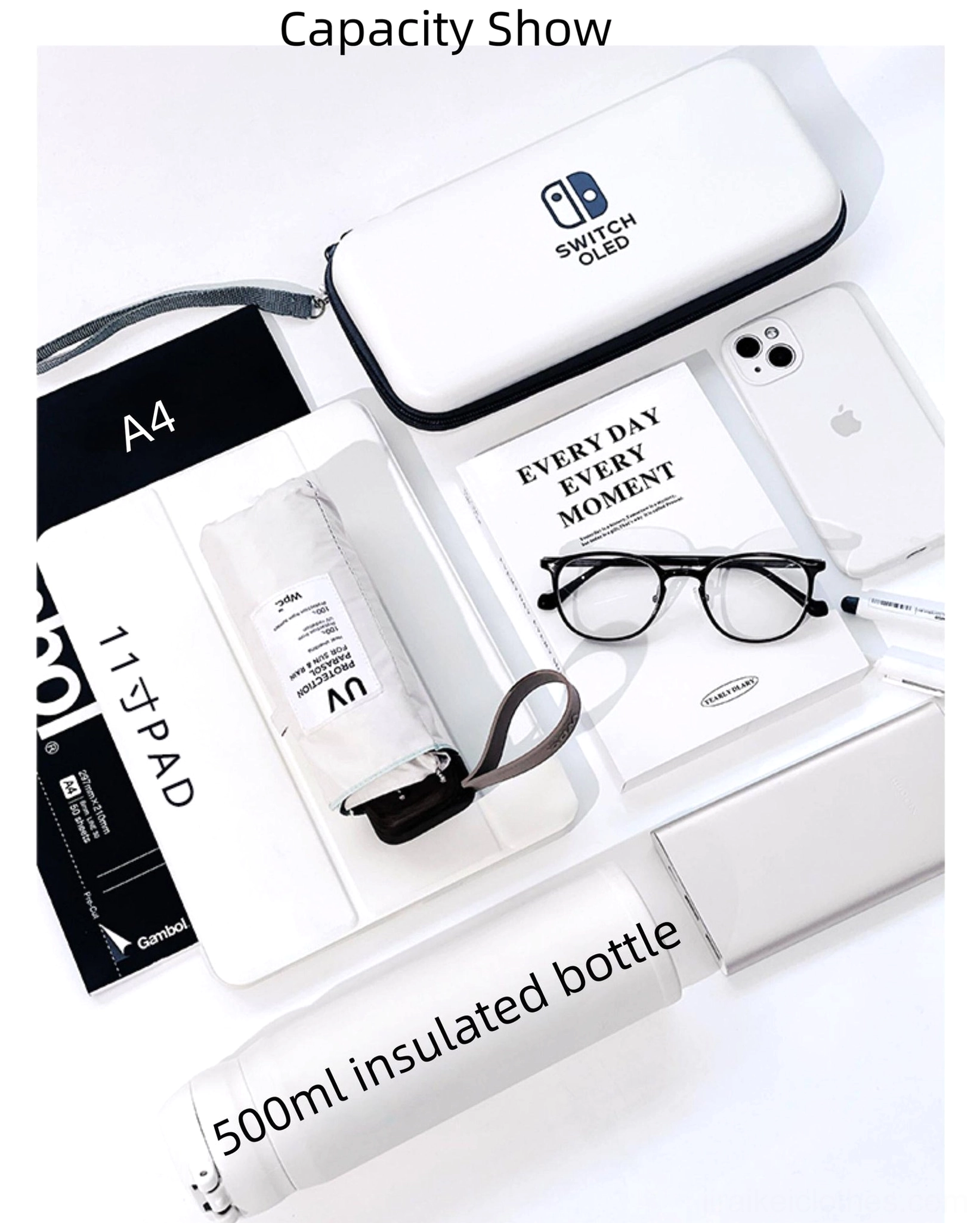 Ita bag storage capacity display showing backpack holding electronics stationery and daily accessories on white desktop flat lay
