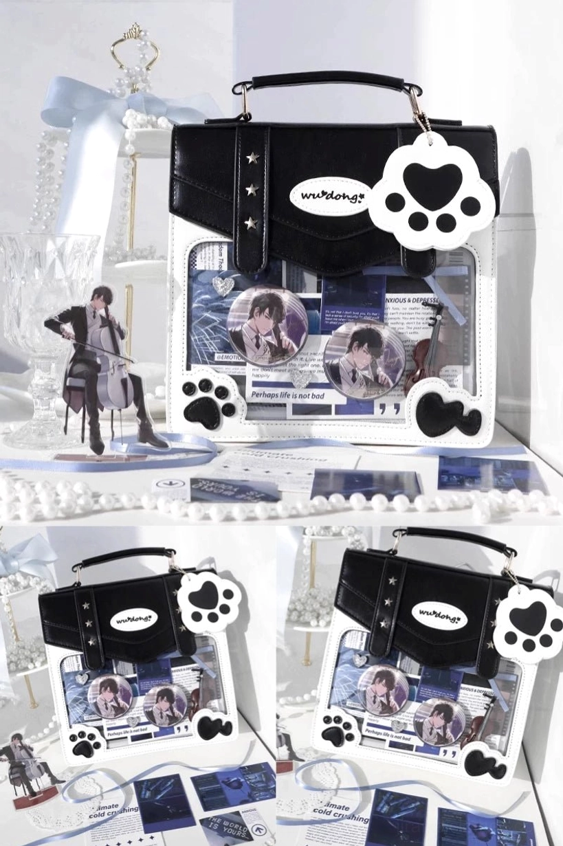 jirai kei ita bag with badges pinned display window showcasing anime collection organization