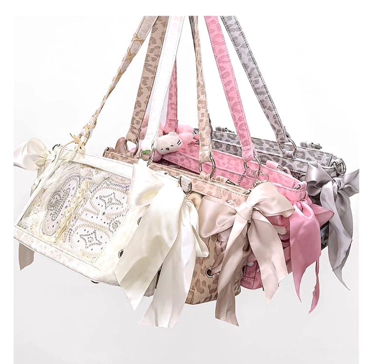 Pink Jirai Kei ita bag photo and badge display flat lay showing variants for 65mm badges and Polaroid photo slot versions