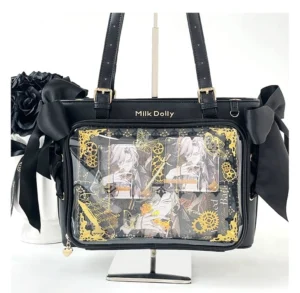 Black large capacity jirai kei ita bag with crystal transparent window display front view with black artificial roses and detachable black ribbon bow