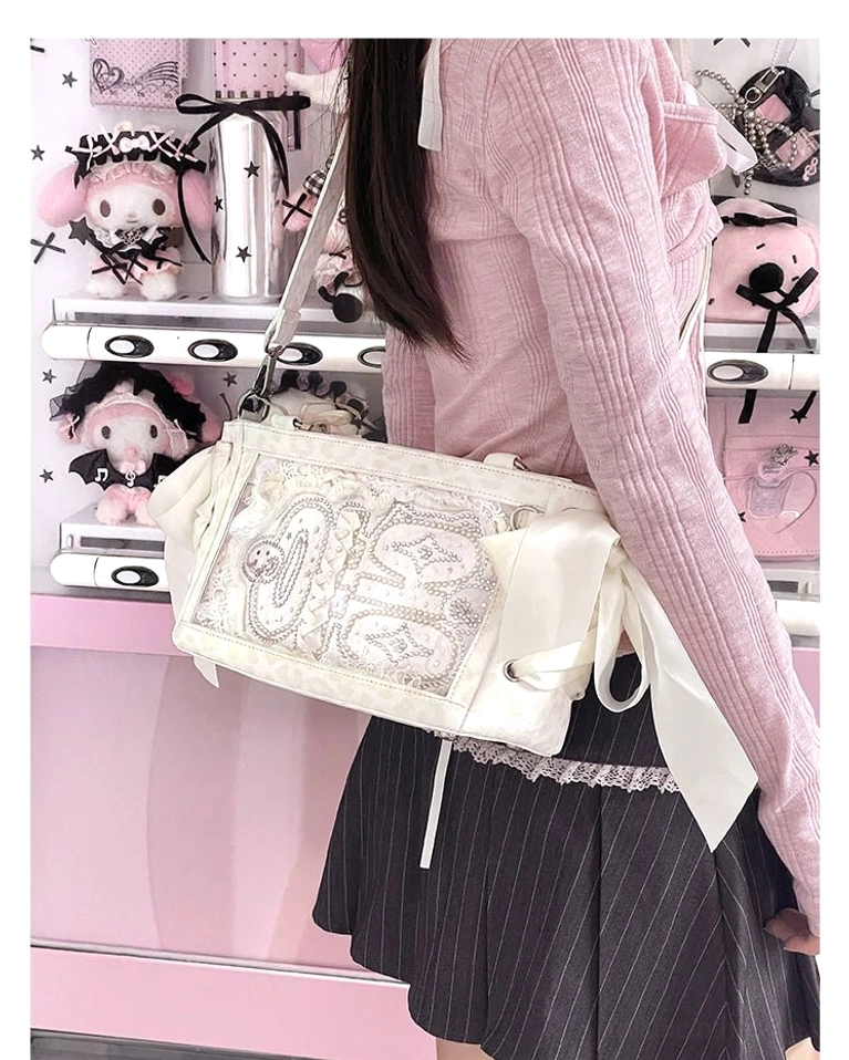 Jirai Kei mini ita bag with multiple doll and plush toy display arrangement through clear window