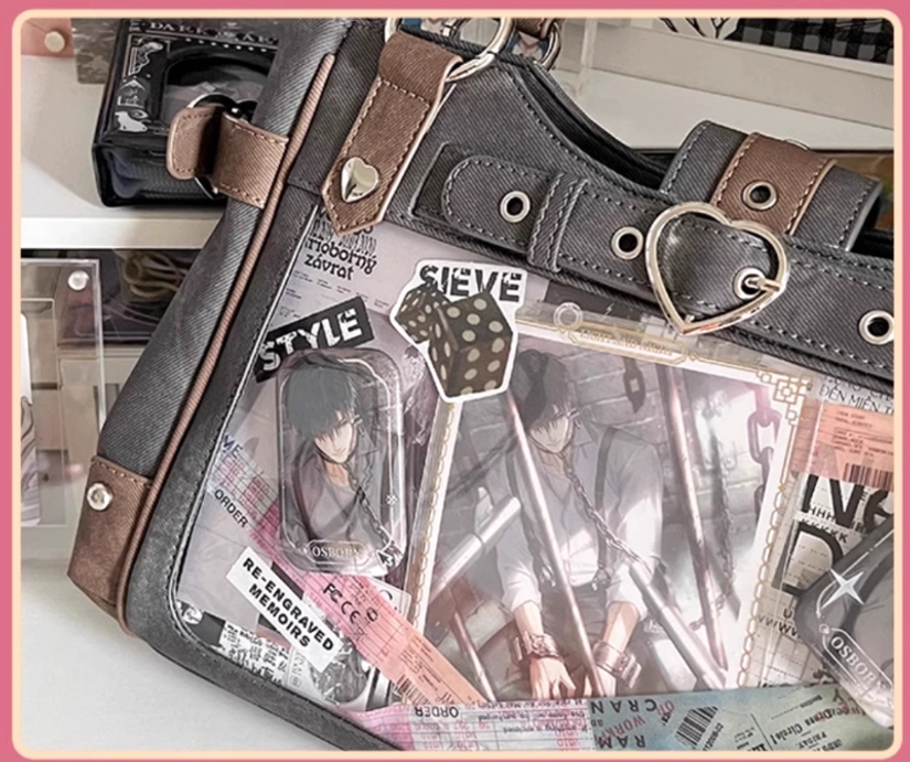 Close-up detailed view of Jirai Kei ita bag transparent window featuring heart-shaped lock buckle, anime character prints, and intricate decorative elements on shelf background