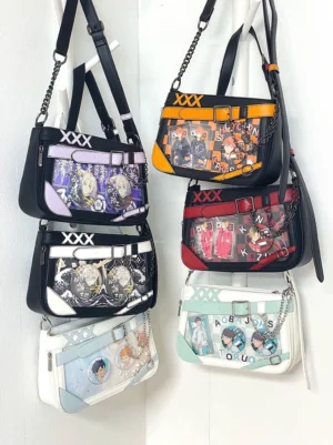 Jirai Kei ita bag collection in various color schemes displayed flat with clear anime character showcase windows and adjustable chain straps