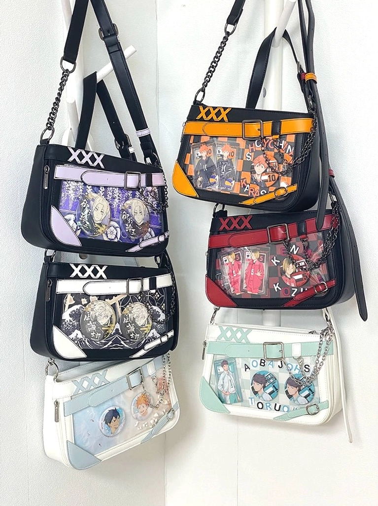 Jirai Kei ita bag collection in various color schemes displayed flat with clear anime character showcase windows and adjustable chain straps