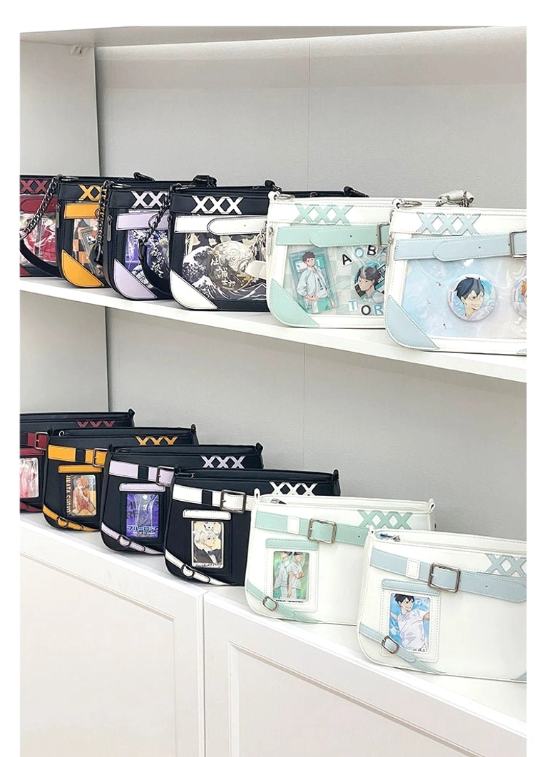 Retail shelf display of diverse Jirai Kei ita bag color variants showing uniform silhouette and anime character prints