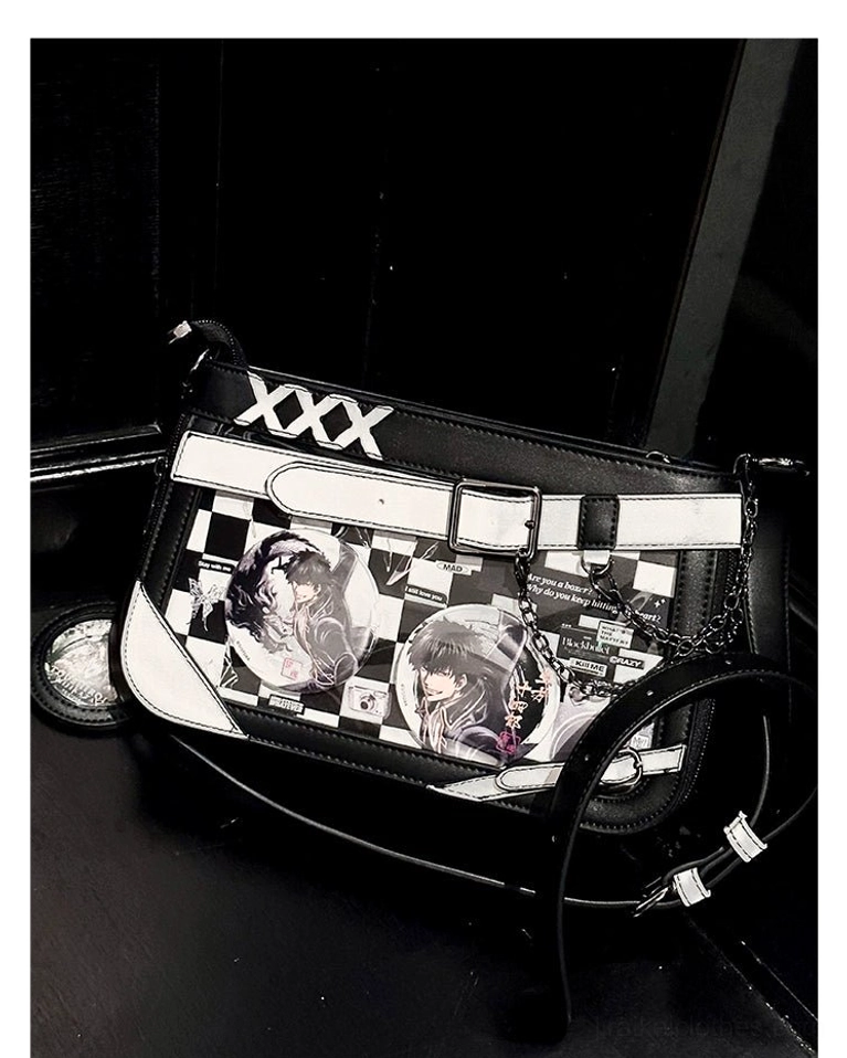Multiple Jirai Kei ita bags arranged showing diverse color palette and customization potential for collectors