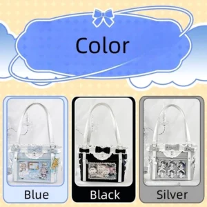 Three color variants of Jirai Kei satin ita bags - blue, black, and silver - displayed flat with bow trims and transparent character display windows