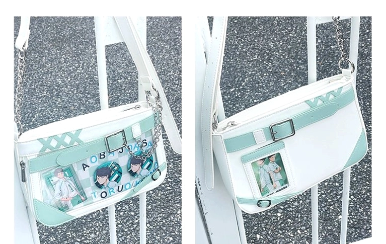 Jirai Kei ita bag color variant comparison showing black orange white and multi-color combination options