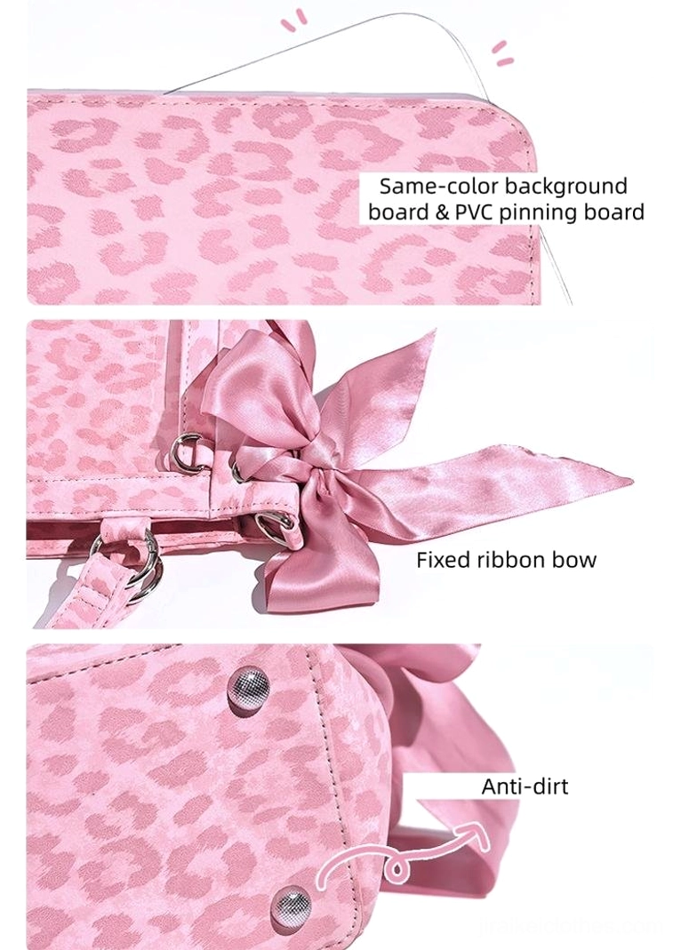 Close-up detail collage of Jirai Kei ita bag showing PVC display board, fixed satin bow, anti-dirt fastener, and leopard fabric texture