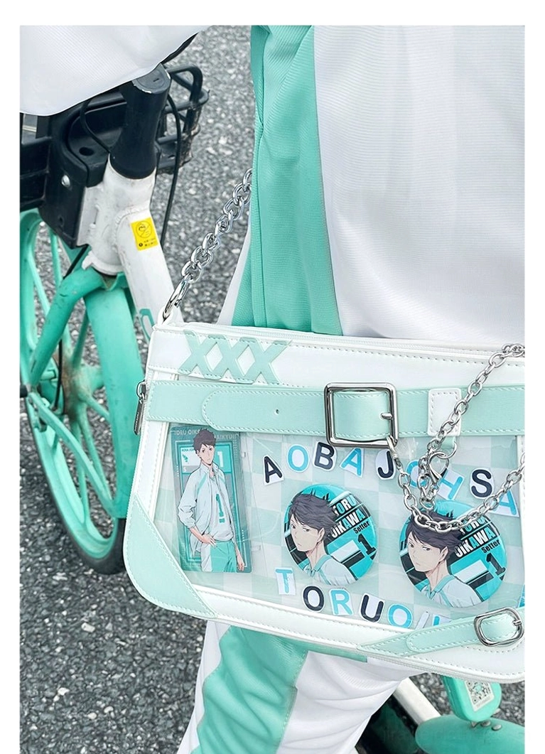 Jirai Kei ita bag dimensions guide showing height length width and strap length measurements in metric and imperial