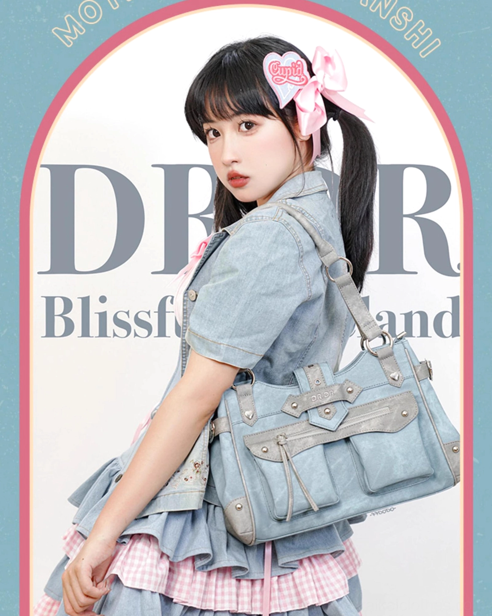 Jirai Kei ita bag flat lay styling shot showing complete product with detachable strap, mesh board, and magnetic closure mechanism in neutral background