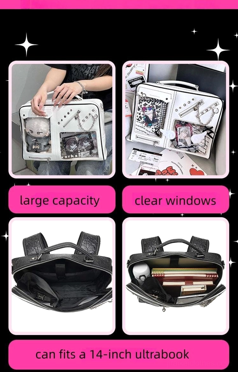Large Jirai Kei ita bag multi-angle product showcase with clear windows multiple carrying methods