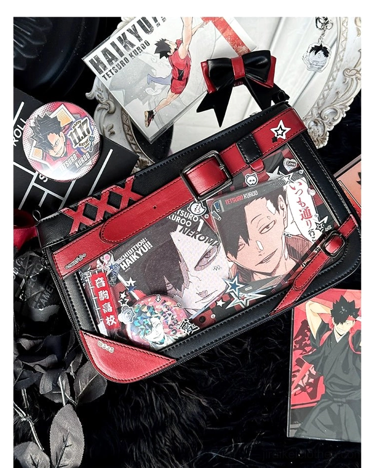 Jirai Kei ita bag open compartment view showing multiple storage sections and organized interior pocket system