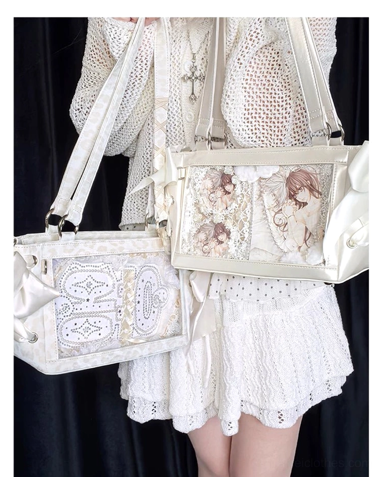 Jirai Kei mini ita bag open display showing interior organization and PVC pinning board capacity for badge collections