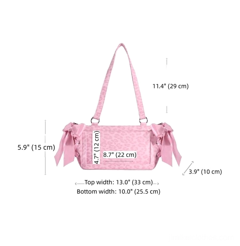 Pink Jirai Kei ita bag orthographic side view with size dimension markings showing compact rectangular shape and satin bow decorations