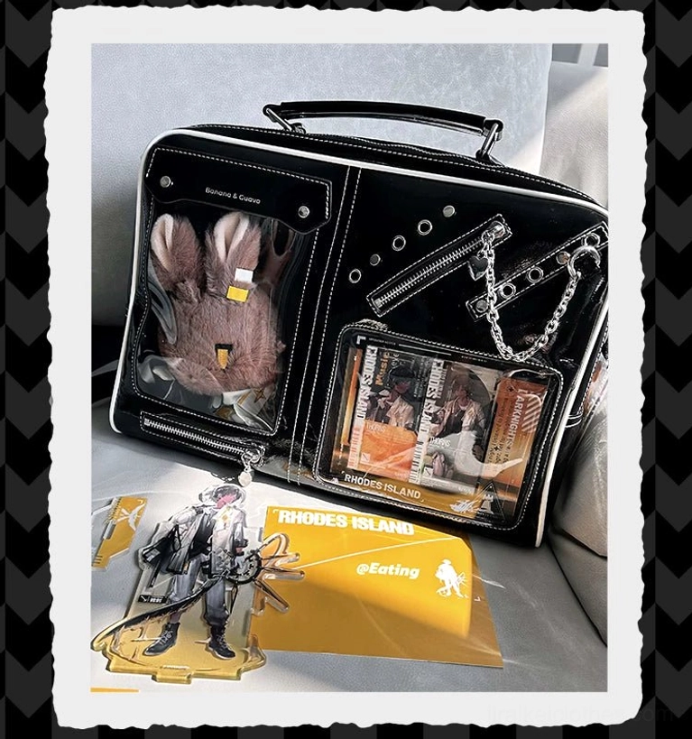 Large Jirai Kei ita bag with PVC ita board included showing character display arrangement options