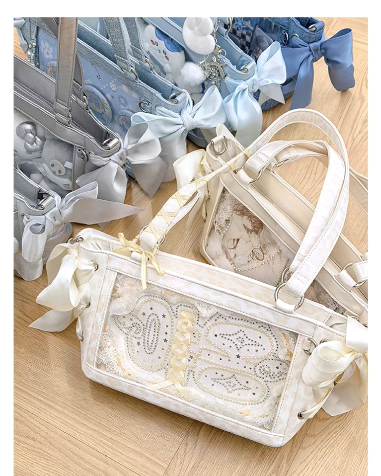 Jirai Kei ita bag rear view showing anti-dirt fastener and construction details with background board attachment points