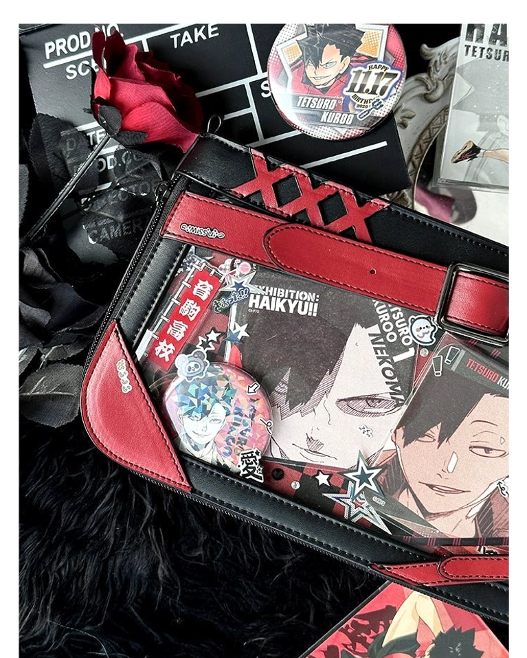 Jirai Kei ita bag with rotated badge collection showing seasonal swap options and personal mood reflections