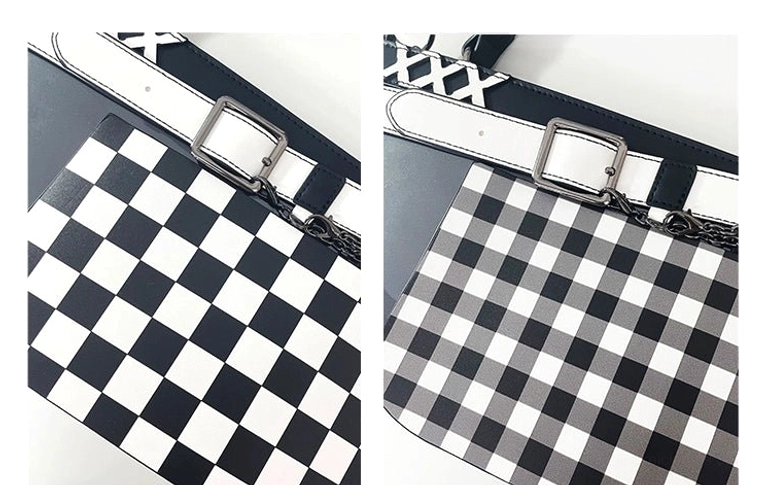 Checkered Jirai Kei ita bag strap details showing two color options with silver buckles and decorative chain accents