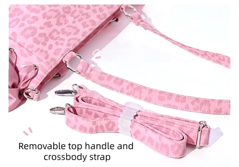 Jirai Kei ita bag strap set flat lay showing removable top handle and detachable crossbody strap with matching leopard print design