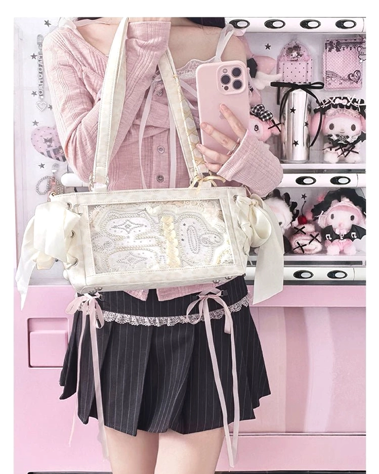 Jirai Kei ita bag with top handle attachment and closure mechanism detail showing quality construction