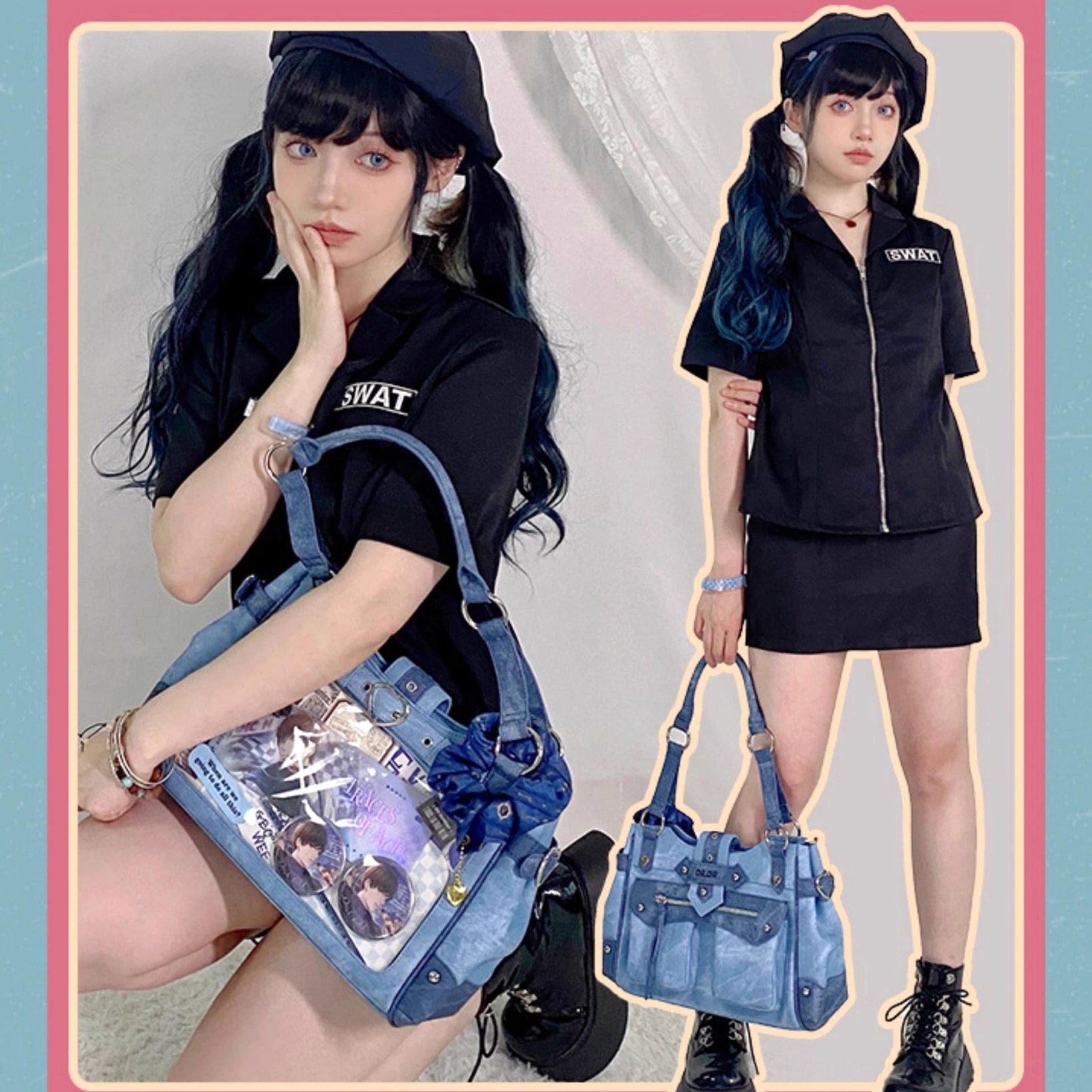 Jirai Kei ita bag with filled transparent window showing recommended decoration arrangement and collectibles display inspiration for new owners