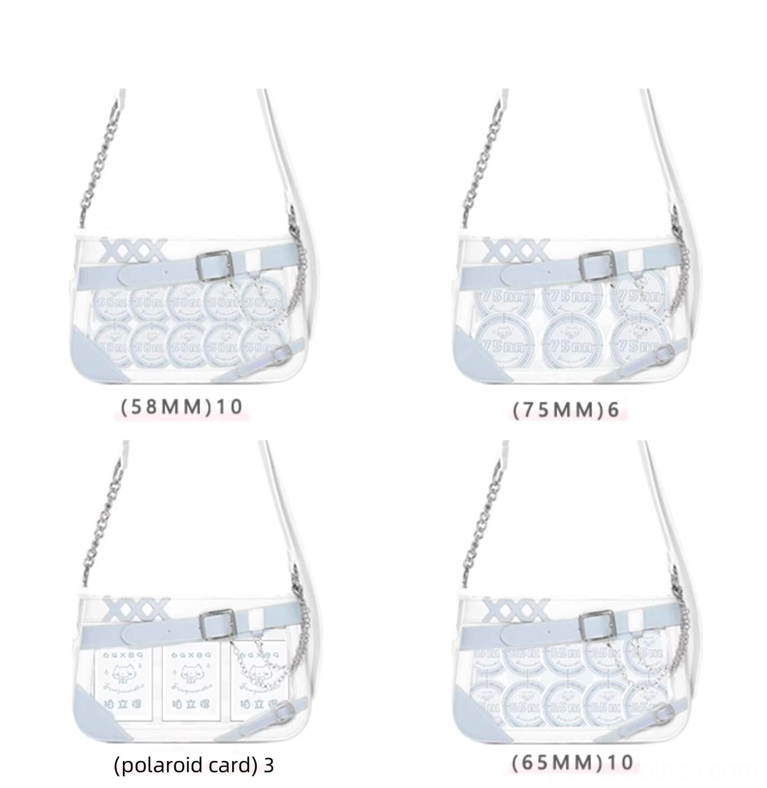 Multiple Jirai Kei ita bags with slot size labels showing light blue color matching and adjustable chain straps