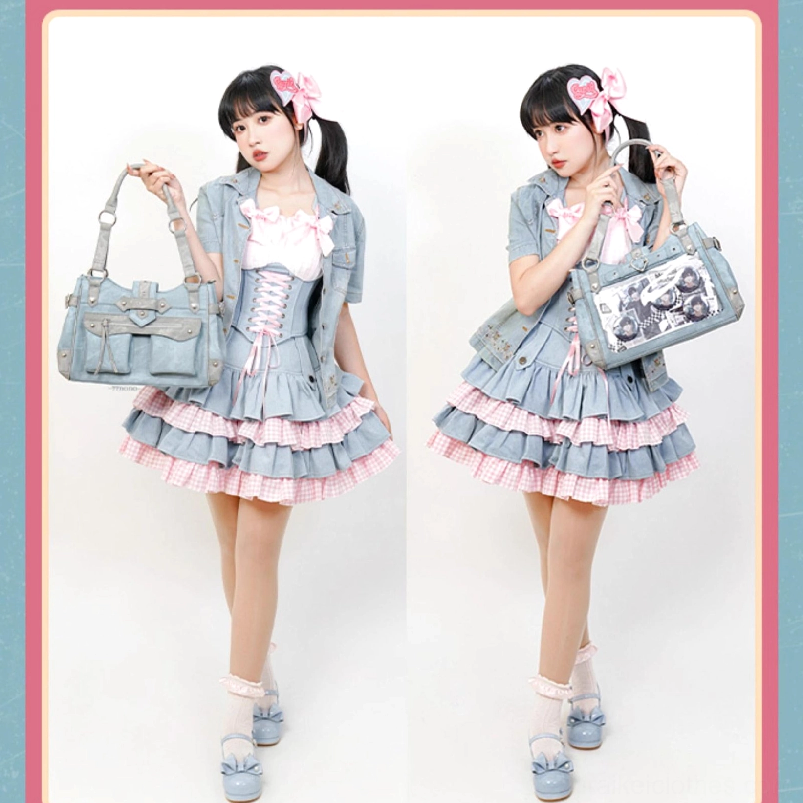 Model lifestyle shot carrying Jirai Kei ita crossbody bag while navigating casual indoor environment, demonstrating practical daily wear and versatile styling options