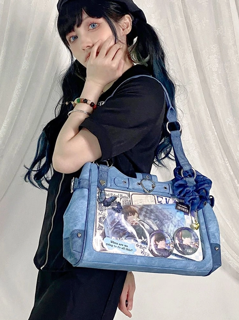 Jirai Kei ita shoulder bag all color variants displayed together showing complete range sky blue denim blue light blue and gun-grey options