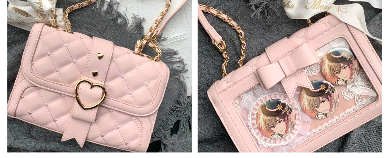 Jirai kei ita shoulder bag comparison chart showing bow version versus unobstructed transparent version differences
