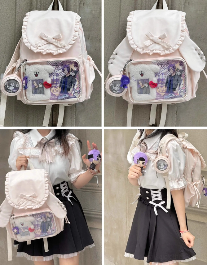 Jirai Kei bunny ear itabag backpack back view showing structural reinforcement and dual shoulder strap attachment points