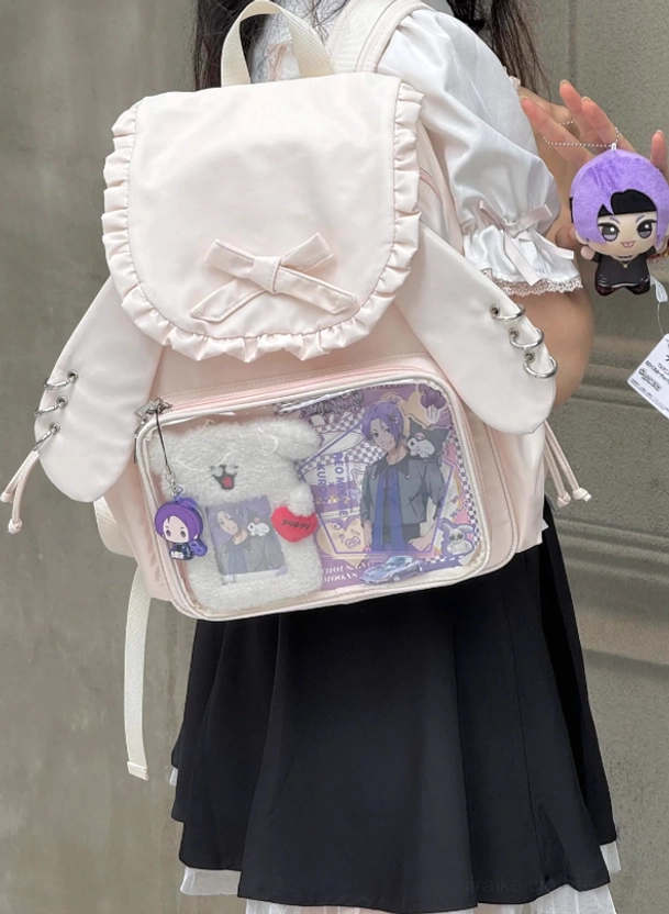 Jirai Kei itabag bunny ear backpack worn on shoulder demonstrating adjustable strap fit and everyday wearability
