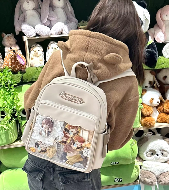 Jirai Kei style itabag beige PU leather bear ear hoodie matching aesthetic plush toy store collection