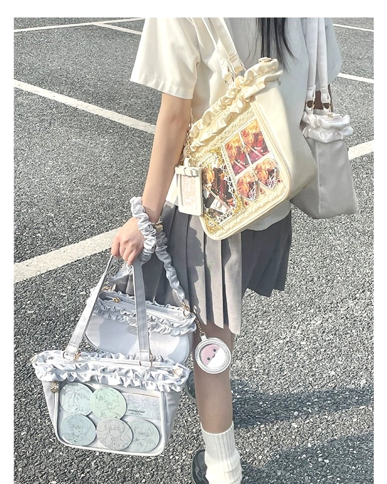 Jirai Kei itabag complete package contents showing bag handles crossbody strap PVC board and card holder included