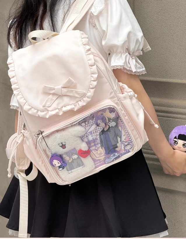 Jirai Kei itabag backpack interior compartment organization showing separate storage sections for collectibles and personal items