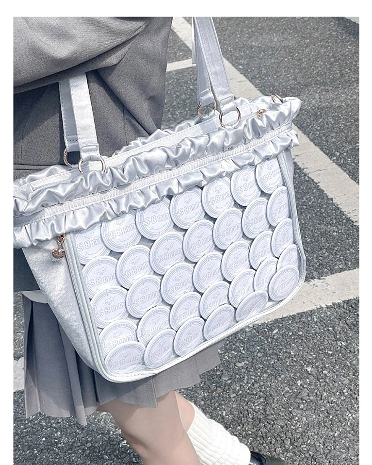 Jirai Kei itabag light yellow variant detail showcasing delicate satin texture and decorative card holder bow accent