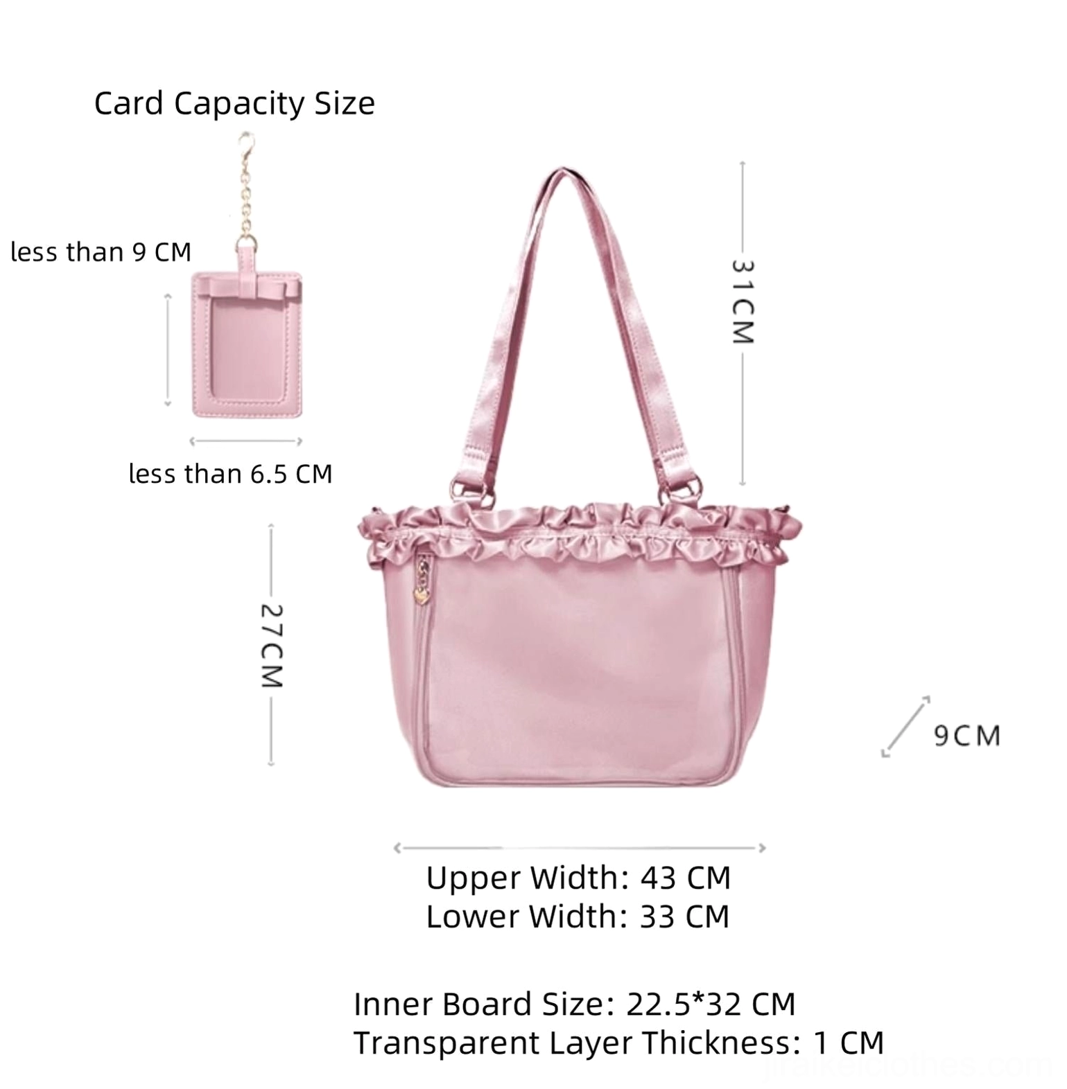 Medium-sized Jirai Kei itabag flat lay specification display smaller than regular style with equivalent card size accommodation