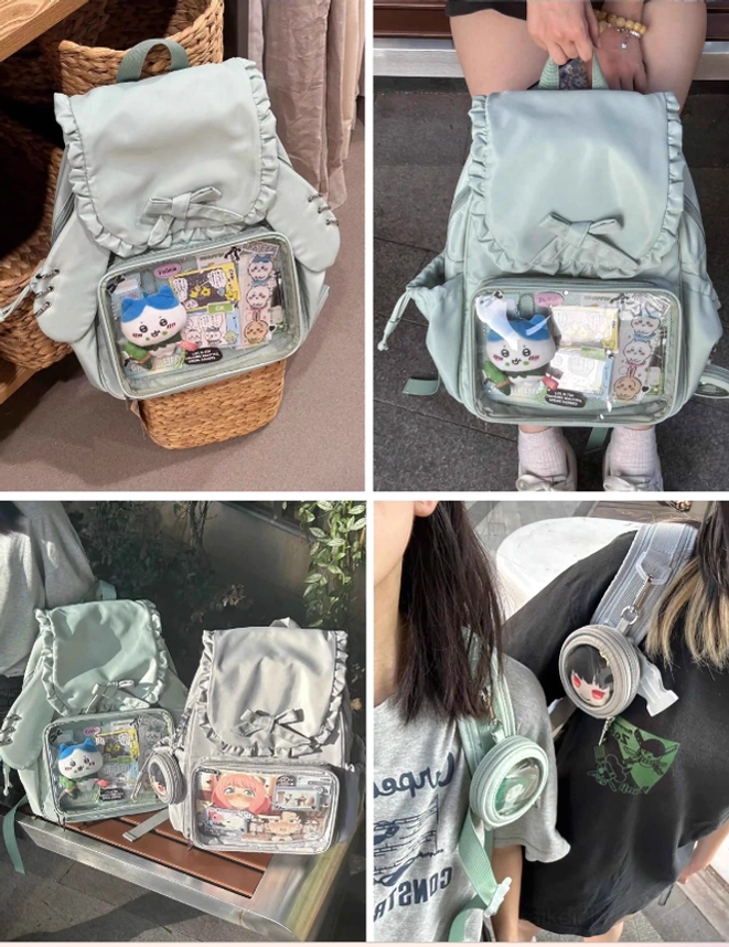 Detail shot of Jirai Kei itabag backpack mini bag pendant attachment and fastening mechanism