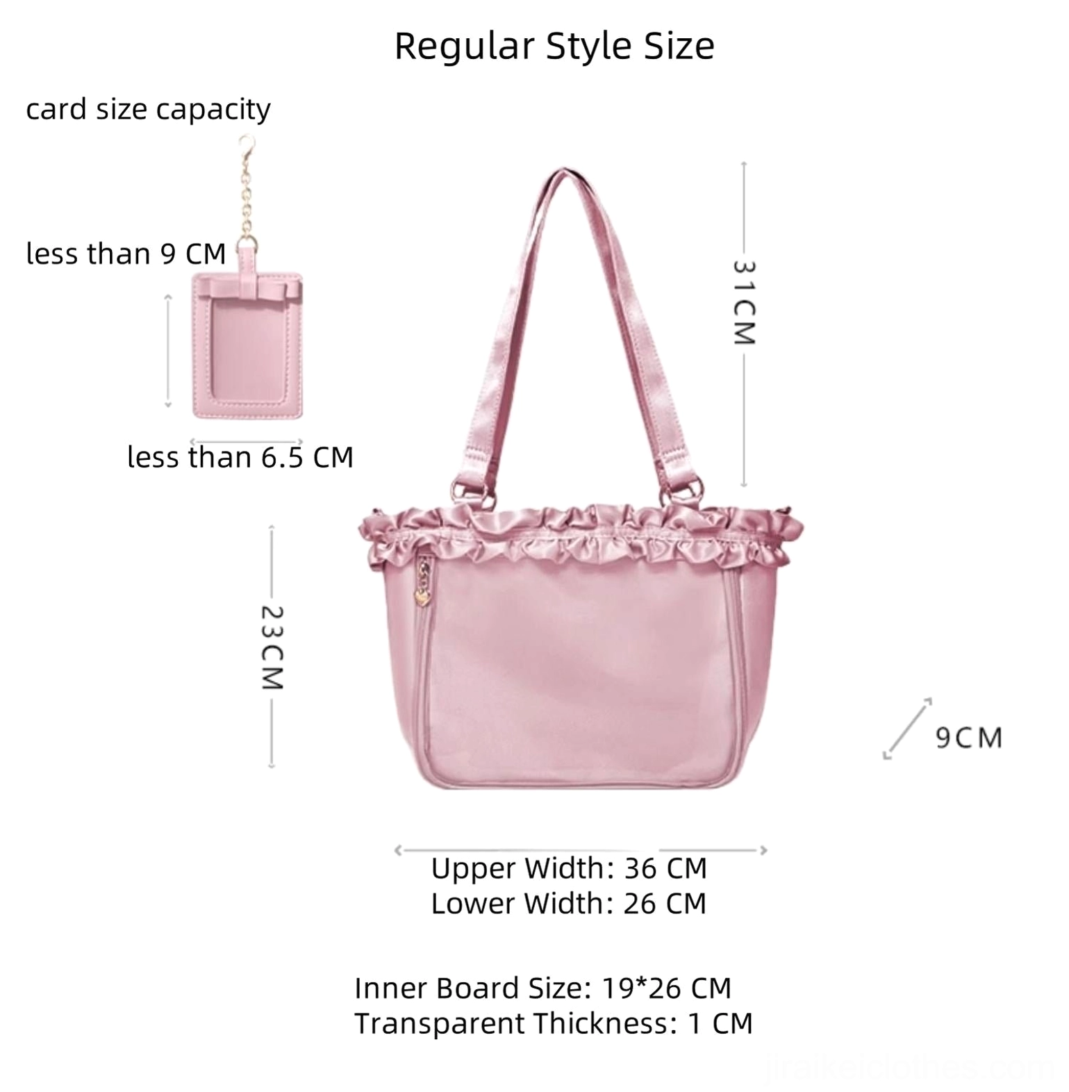 Regular-sized Jirai Kei itabag sizing specification display showing 36cm upper width 23cm height with 19x26cm inner board dimensions