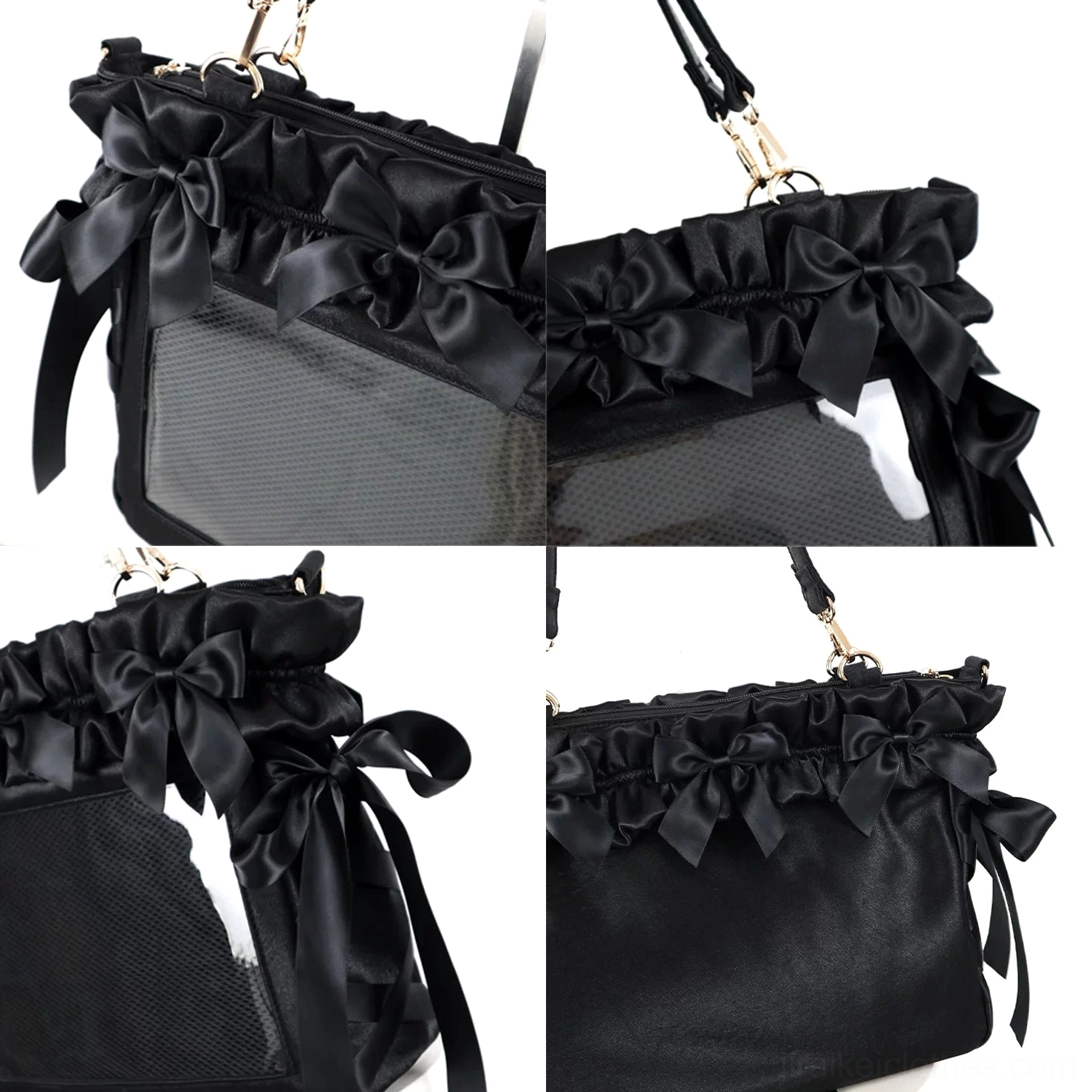 Jirai Kei itabag satin handle straps showing silk ribbon material texture and elegant attachment design for versatile carry options