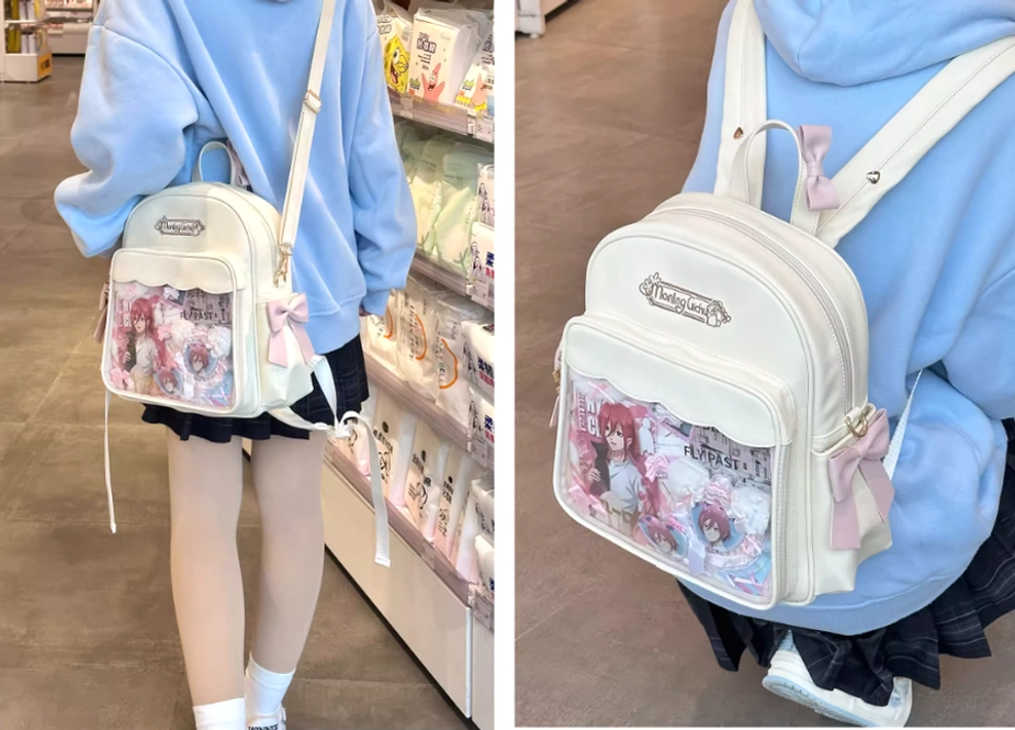Transparent anime display pocket itabag front rear view white leather bag clear showcase window