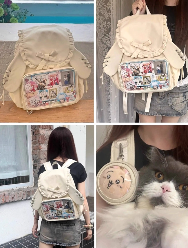Jirai Kei bunny ear itabag transparent acrylic display window close-up showing clarity and protection for displayed badges and collectibles