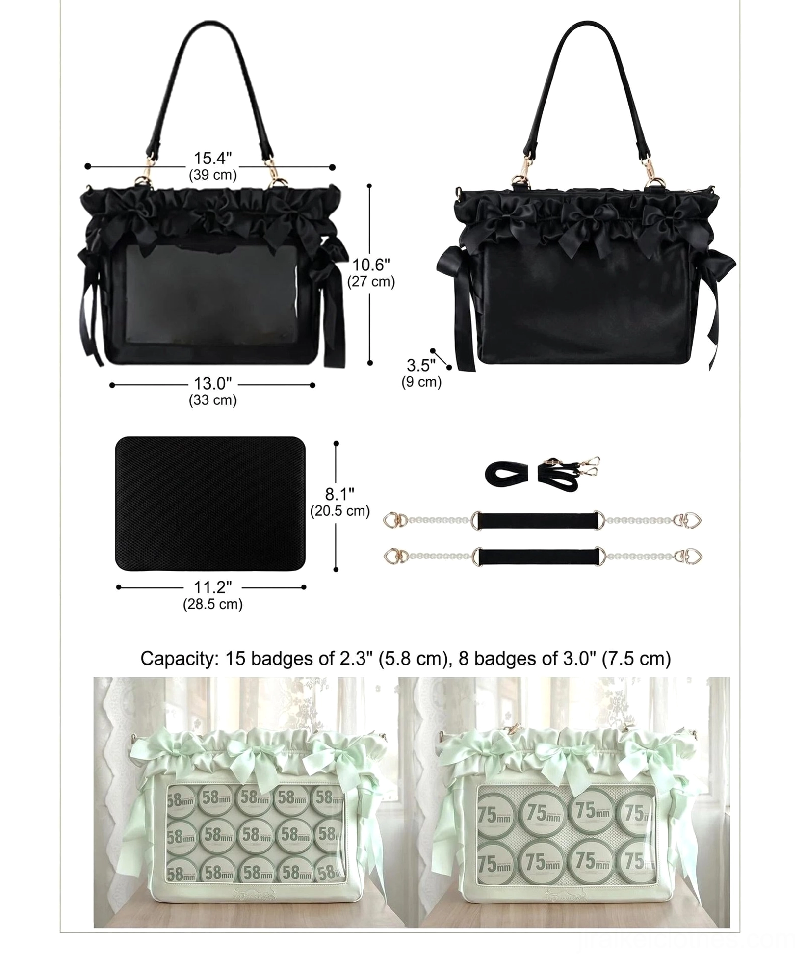 Clear PVC window transparent display case Jirai Kei itabag closeup showing character pin badge and keychain collection organization method